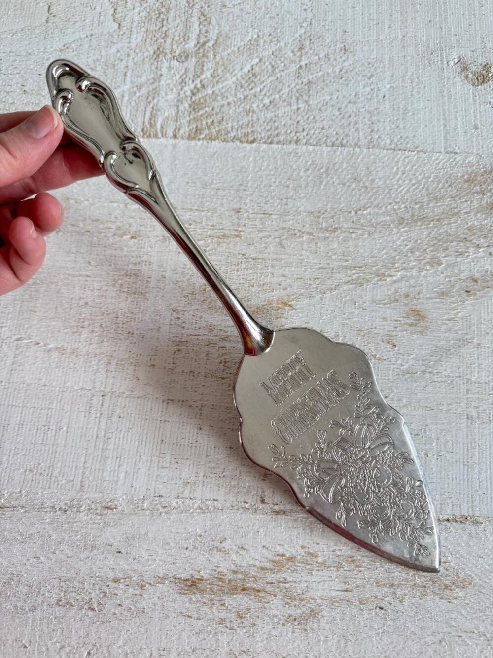 Vintage Silver Tone Etched Merry Christmas Cake Serving Utensil